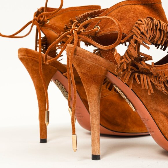 Aquazurra Brown Suede Sexy Fringe Heeled Sandals - Picture 8 of 9